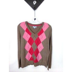 Izod Women's Preppy Knit Plaid Print Tan Long Sleeve Sweater Size Large